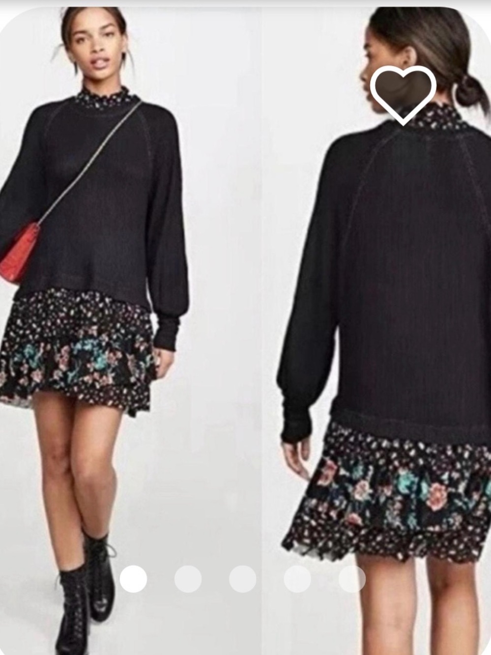FREE PEOPLE Black Waffle Knit Floral Hem Sweater Dress Tunic Size Small NWT